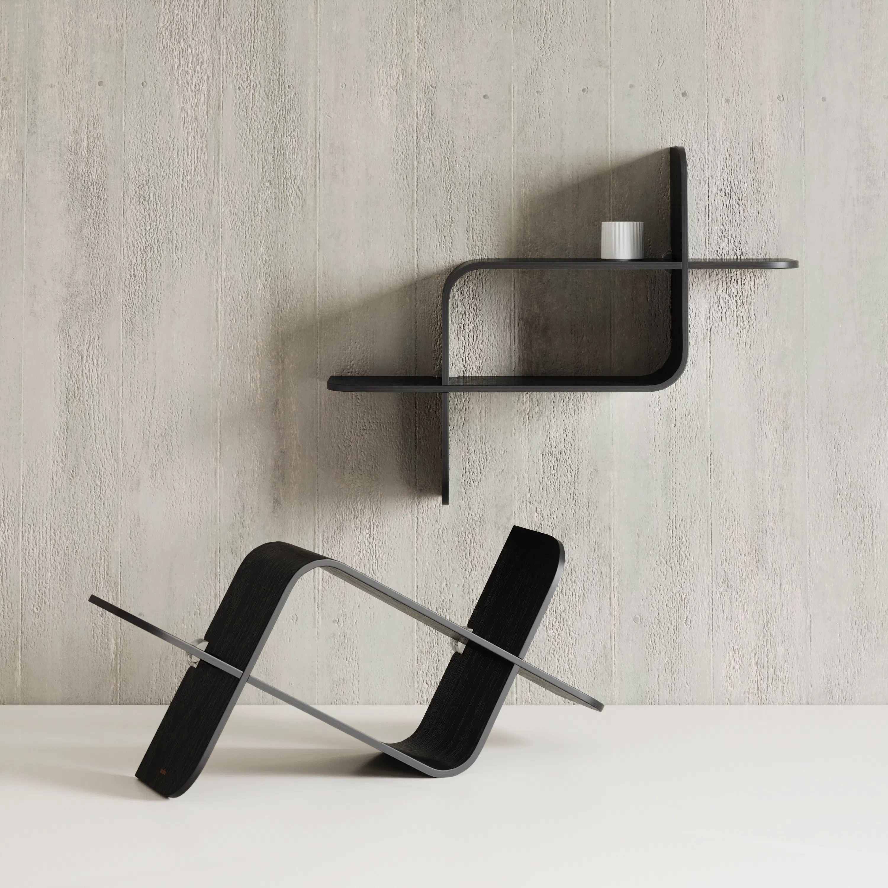 Montage Shelf - Black - 21 - Modern minimalist design, industrial metal shelf, black and gray color scheme, textured