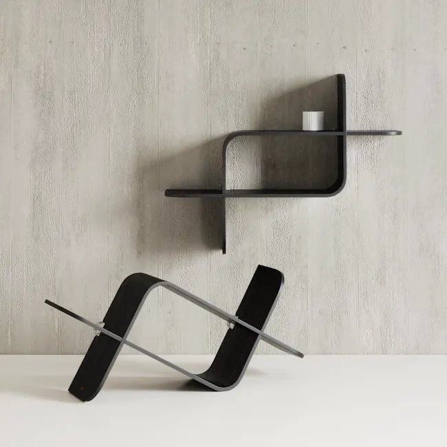Montage Shelf - Black - 21 - Modern minimalist design, industrial metal shelf, black and gray color scheme, textured