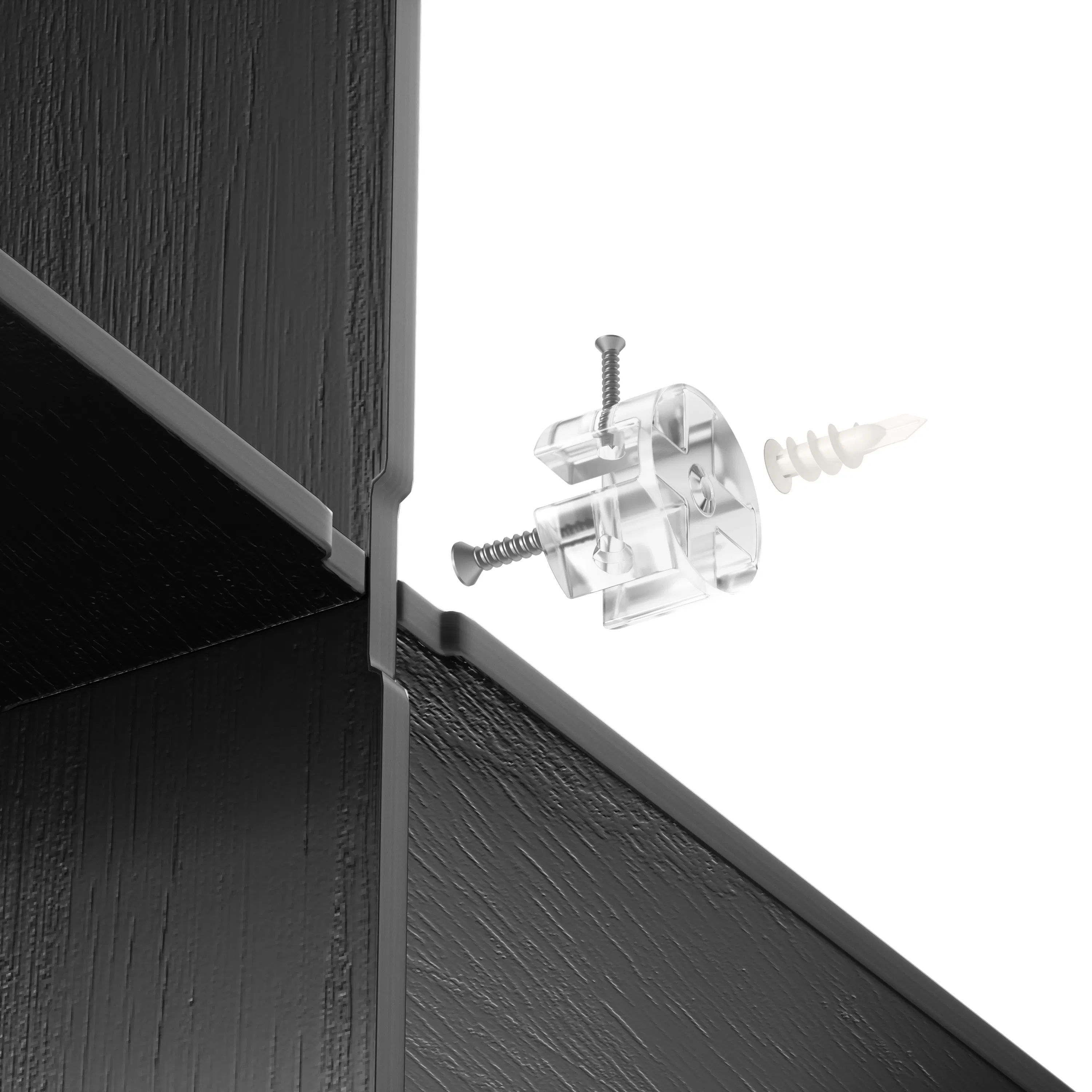 Montage Shelf - Black - 19 - Clear plastic hinge, metal screws, black textured wall, white background, architectural detail