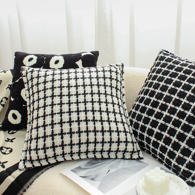 Terry Textured Grid Pattern Cushion Cover - White - 5 - Black and white checkered pillows, black and white patterned