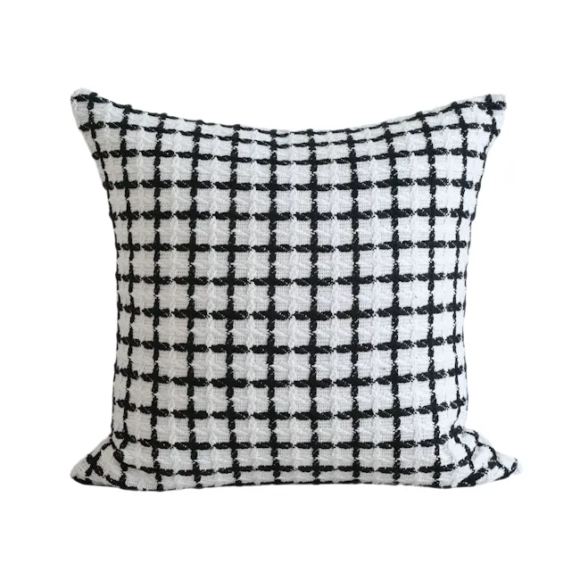 Terry Textured Grid Pattern Cushion - White - 1 - Black and white checkered pattern, textured fabric, knitted material, cozy