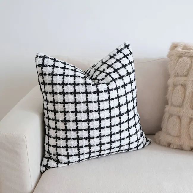 Terry Textured Grid Pattern Cushion - White - 2 - Black and white checkered pillow, beige sofa, cozy seating, modern decor