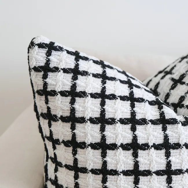 Terry Textured Grid Pattern Cushion - White - 3 - Black and white checkered pattern, textured fabric, knitted material, cozy