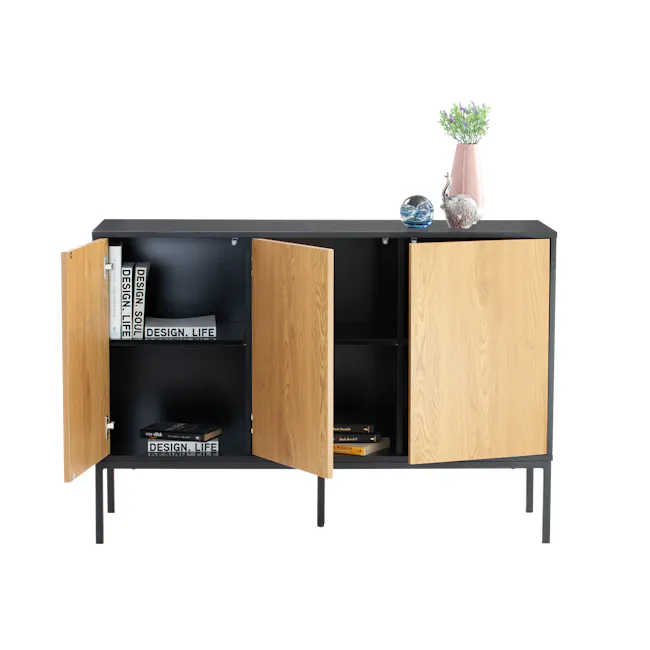 Sligo Sideboard 1.2m - Black, Oak - 2 - Wooden cabinet with black shelves, open shelves displaying books, minimalist design
