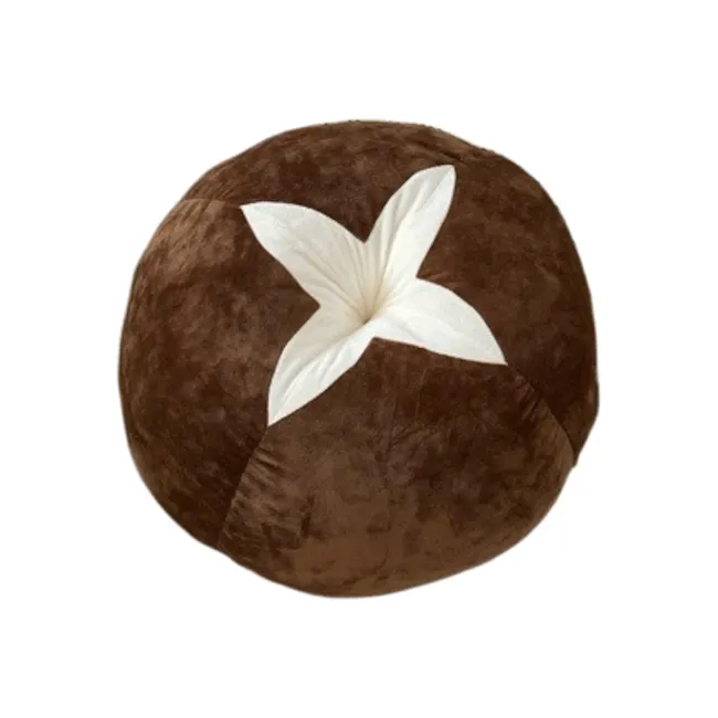 Mushroom Plush Cushion - 1 - Brown plush ball, white flower design, textured fabric, round shape, soft texture, plush toy