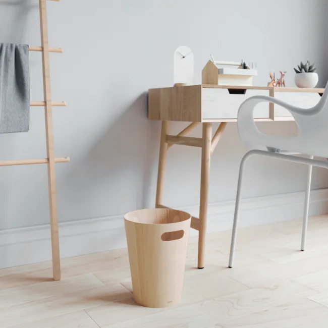 Woodrow Can - Natural - 2 - Wooden desk, minimalist design, light gray wall, wooden floor, modern furniture, white chair