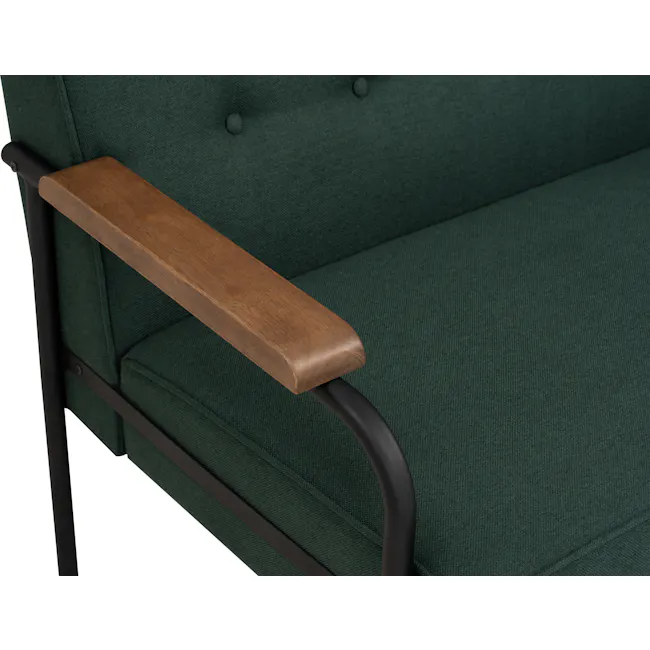 Daryl 2 Seater Sofa - Kale - 9 - Green upholstered sofa with wooden armrest, sleek metal frame, textured fabric, button