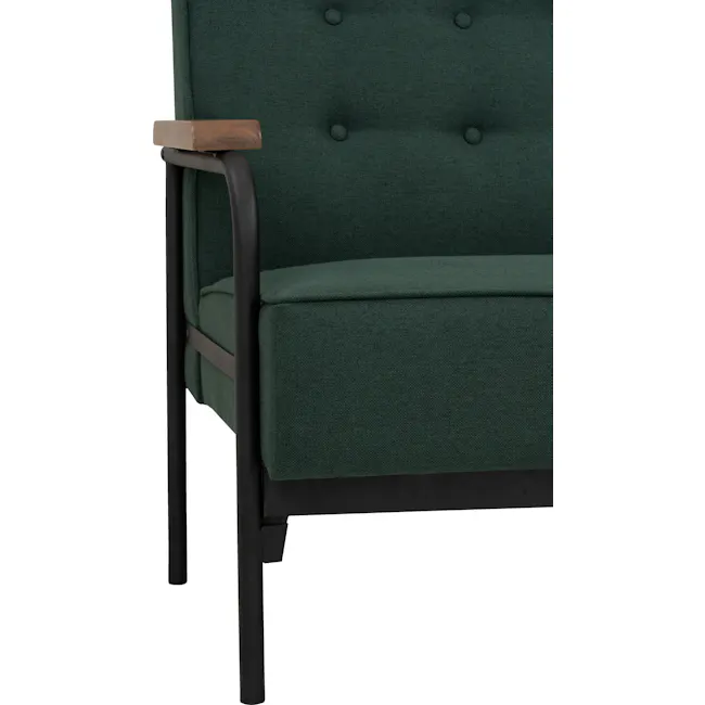 Daryl 2 Seater Sofa - Kale - 8 - Green upholstered chair with wooden armrest, black metal frame, tufted fabric, button