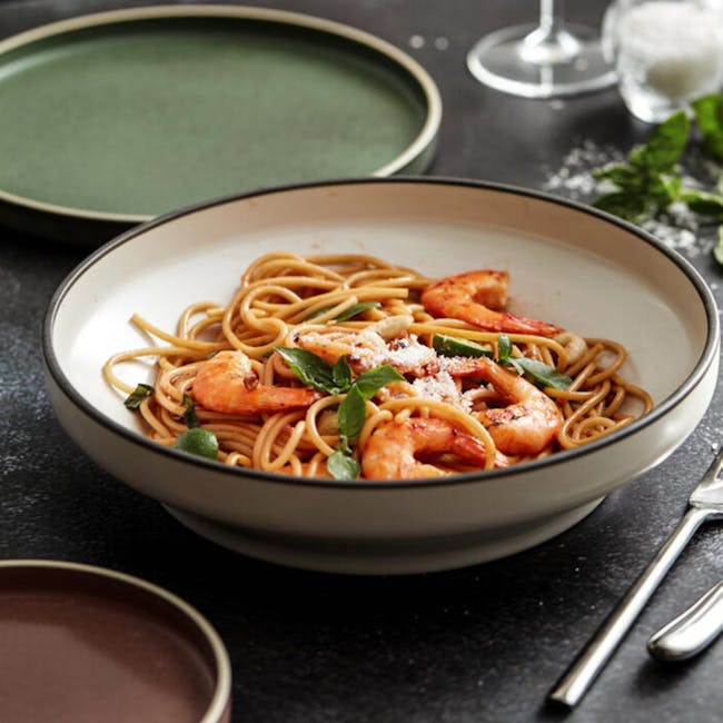Luzerne Mod Deep Coupe Plate - Smoky Plum (3 Sizes) - 3 - Shrimp pasta, green plate, white bowl, fresh basil, grated cheese