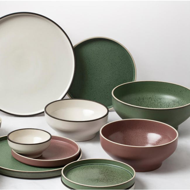 Luzerne Mod Deep Coupe Plate - Smoky Plum (3 Sizes) - 4 - White, green, and brown bowls with black rims, ceramic plates, and