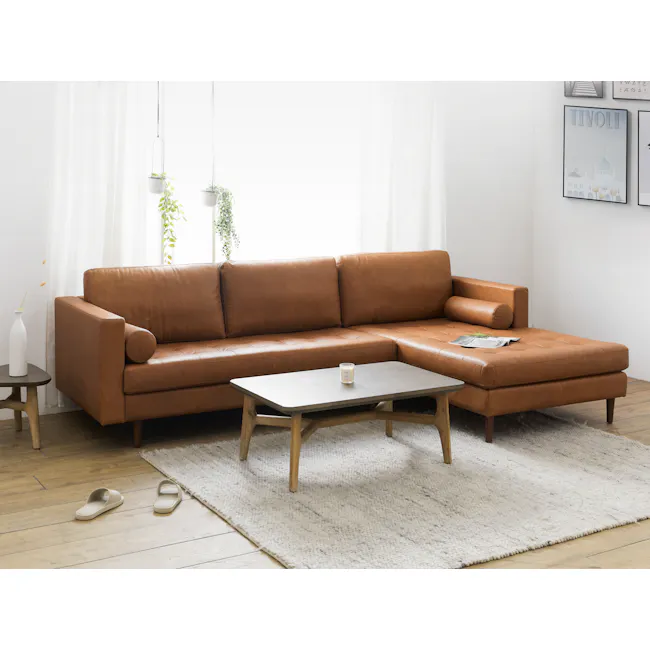 Nolan L-Shaped Sofa - Penny Brown (Premium Aniline Leather) - 2 - Brown leather sofa, minimalist decor, white curtains