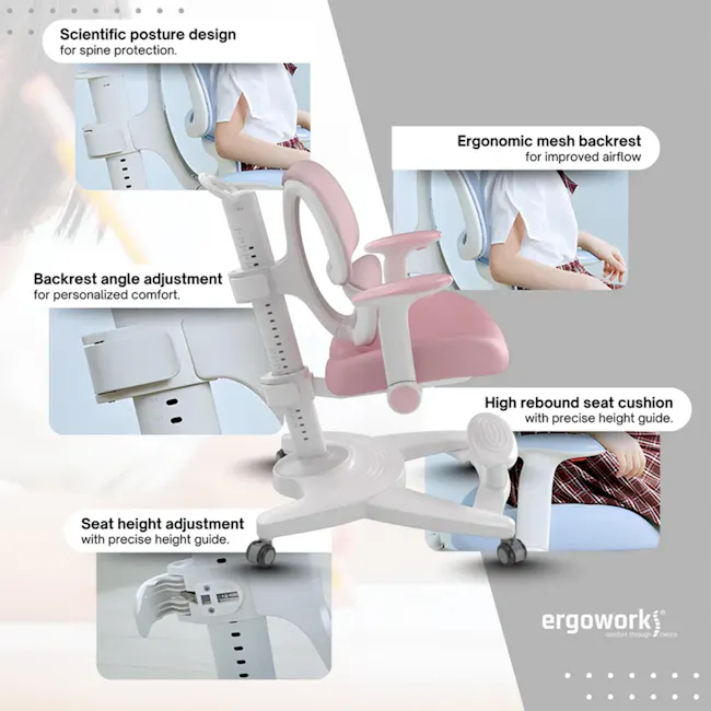 Kids Ergonomic Study Chair - Pink - 8