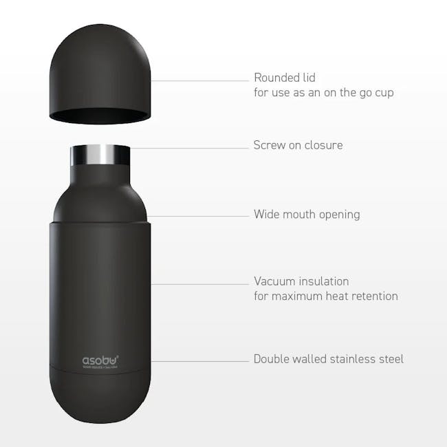 Asobu Puramic Orb Water Bottle 420ml - Black - 3 - Rounded lid for use as an on the go cup, Screw on closure, Wide mouth