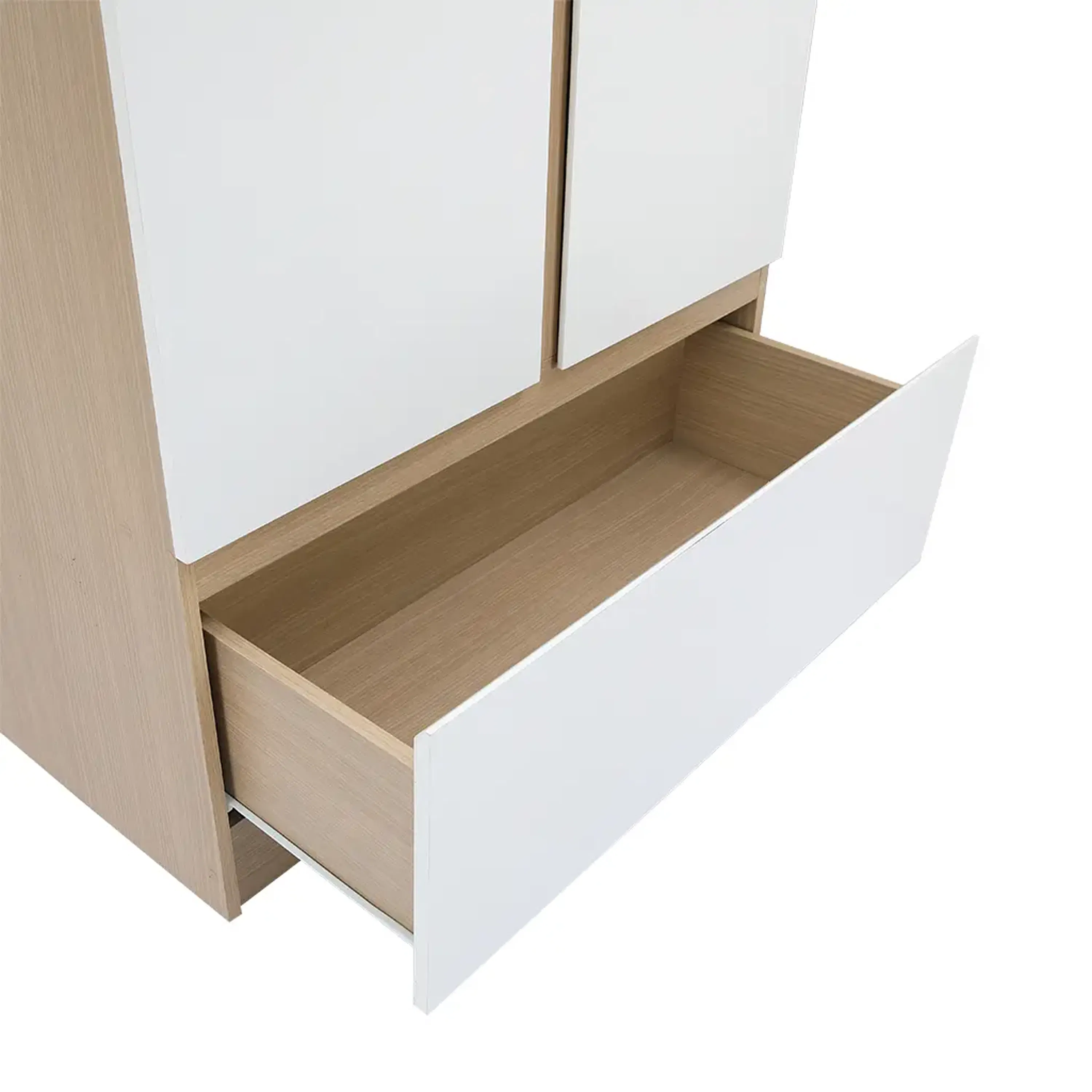 Firoh 2 Door Wardrobe with 1 Drawer - White, Oak - 9 - Wooden cabinet drawer, white interior, minimalist design, open