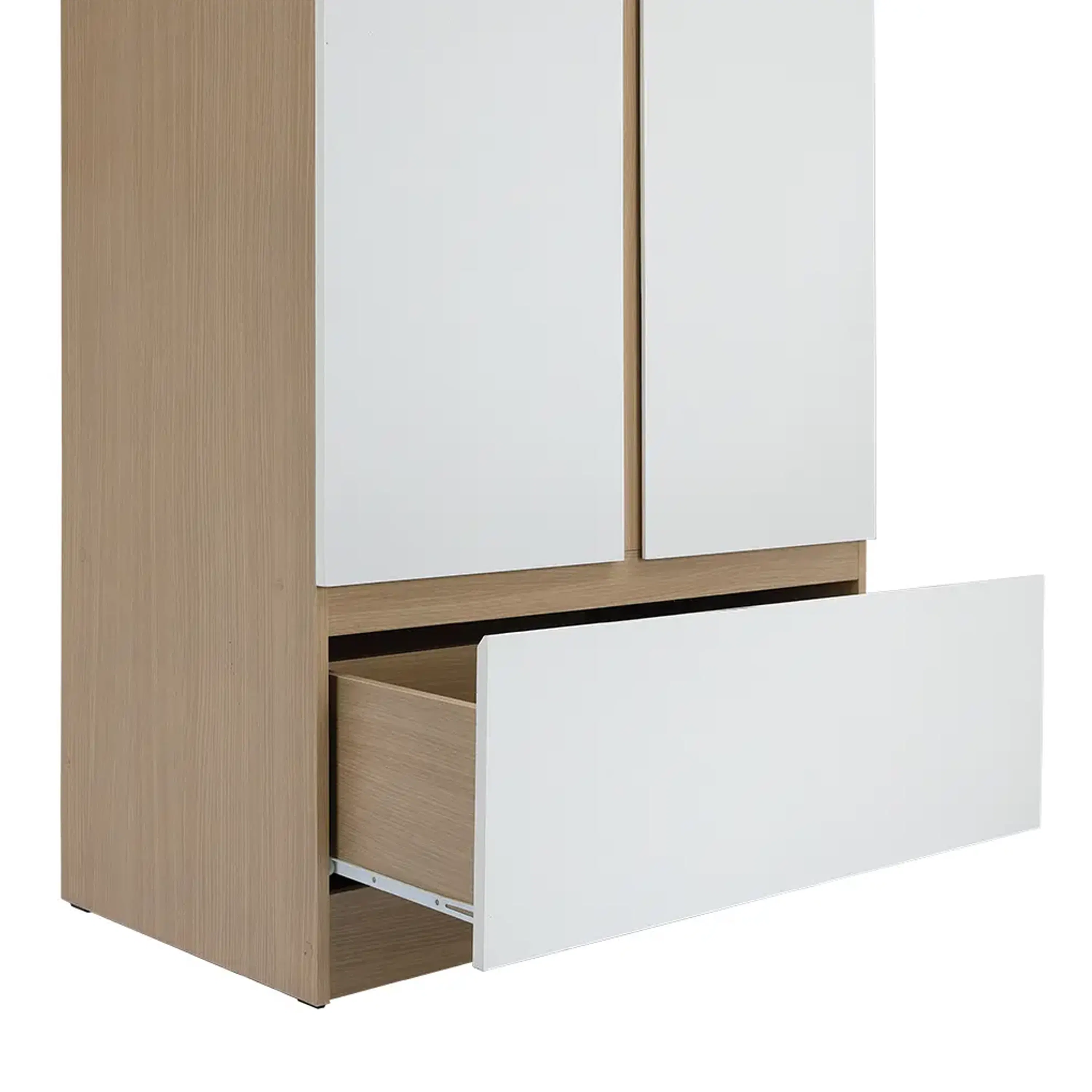 Firoh 2 Door Wardrobe with 1 Drawer - White, Oak - 10 - Wooden cabinet with white doors, open drawer, minimalist design