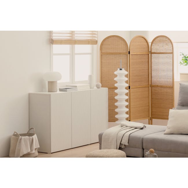 Heidi Cabinet 1.2m - White - 2 - Modern minimalist living room, neutral color palette, large window with blinds, white