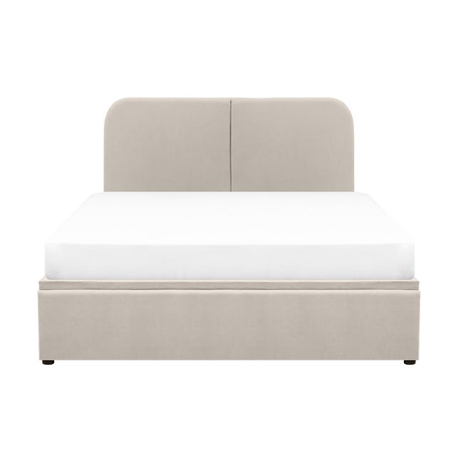 Nolan Queen Storage Bed - Oatmeal - 1 - Modern minimalist bed with beige upholstered headboard and white bedding, clean and