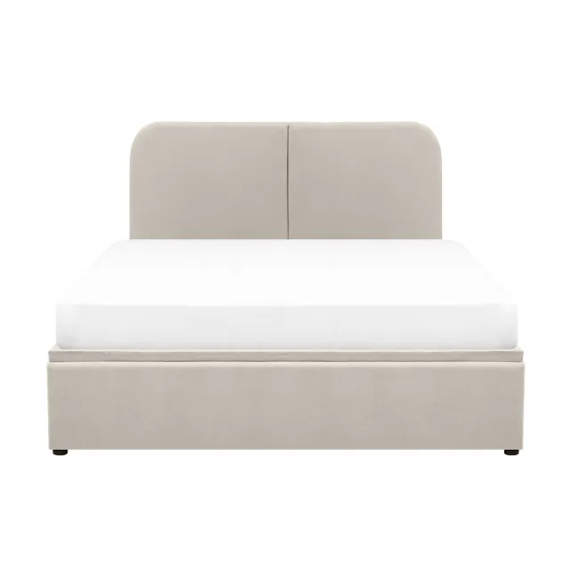 Nolan Queen Storage Bed - Oatmeal - 1 - Modern minimalist bed with beige upholstered headboard and white bedding, clean and