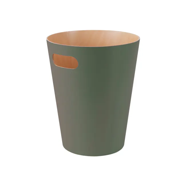 Woodrow Can - Natural, Spruce - 8 - Wooden green cylindrical trash can, minimalist design, modern aesthetic, sleek surface