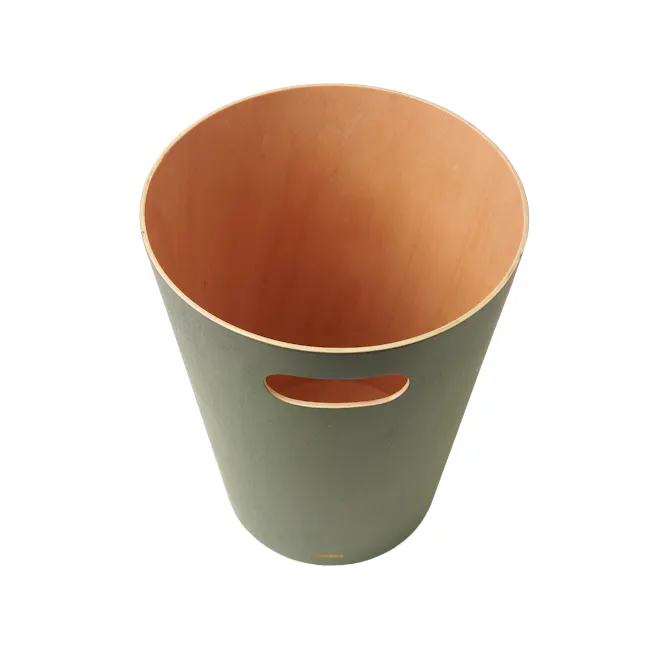 Woodrow Can - Natural, Spruce - 6 - Wooden trash can, minimalist design, round shape, green exterior, brown interior, smooth
