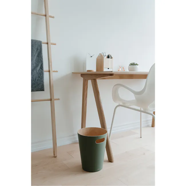 Woodrow Can - Natural, Spruce - 9 - Wooden ladder, light wooden desk, white chair, green trash bin, minimalist decor