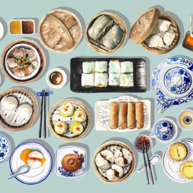 Singlapa Chinese Dim Sum Table Runner - 7 - Sushi rolls, dumplings, steamed buns, small bowls, chopsticks, egg yolk, tea