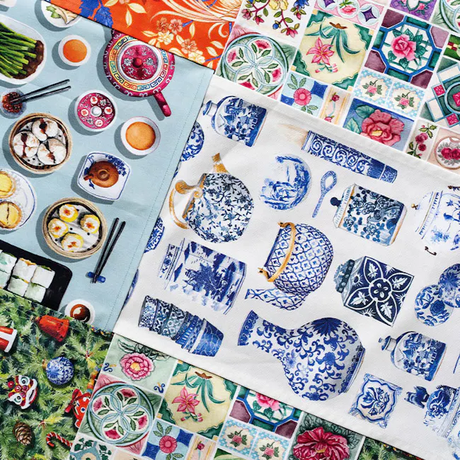 Singlapa Chinese Dim Sum Table Runner - 8 - Chinese tea set, blue and white porcelain, festive tablecloth, traditional