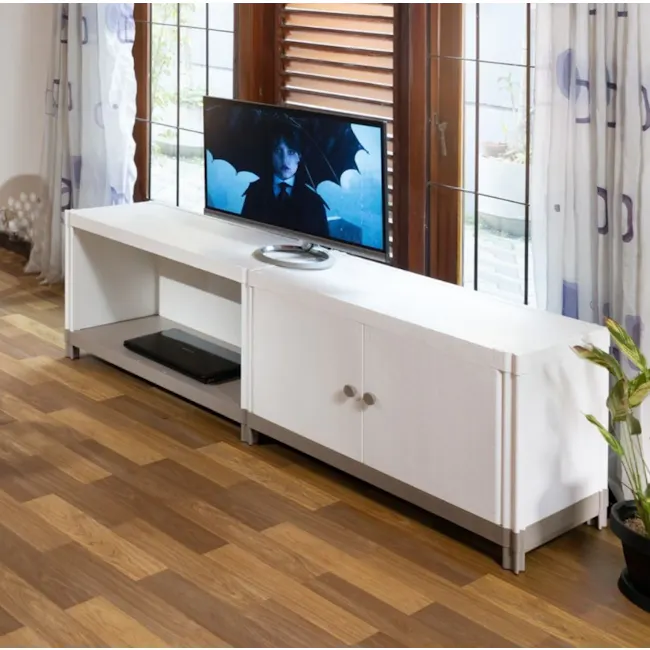 Flo 2-Door Low Storage Cabinet - Snow - 2 - Modern minimalist TV stand with sleek white design, Large window with wooden