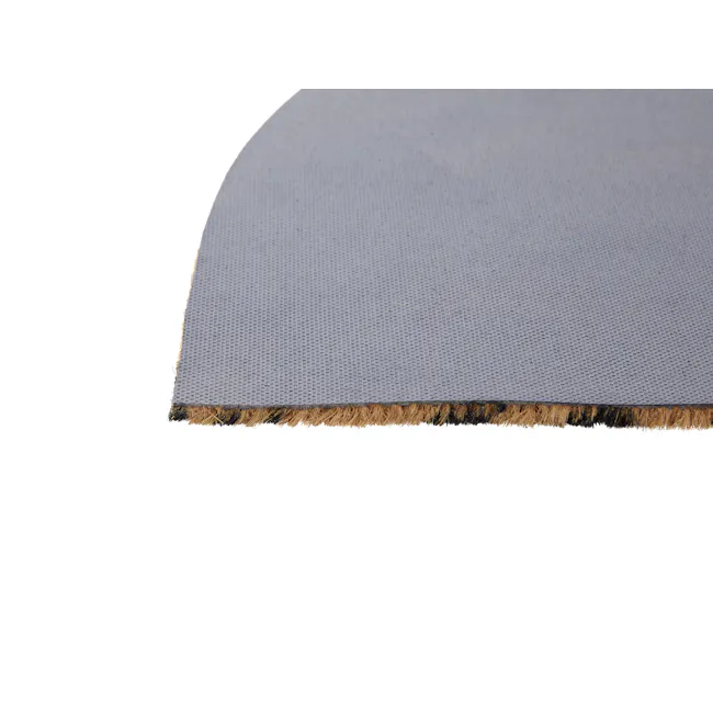 Rainbow Coir Door Mat - 6 - Grey textured surface, brown and black fringe, close-up view, fabric edge, decorative trim