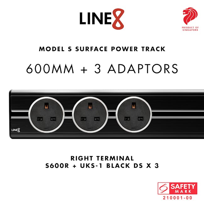Line8 Power Track 600mm + 3 Adaptors Bundle - Black Hairline - 6 - Surface power track, right terminal, UKS-1 black DS