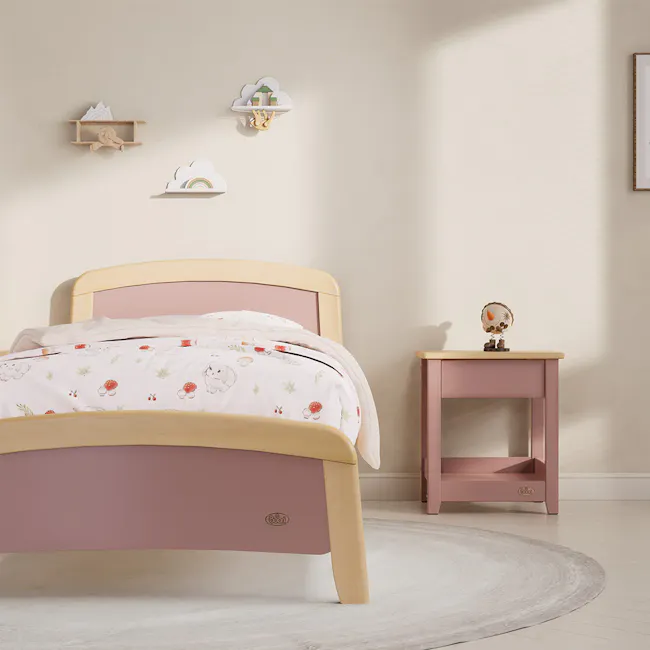 Bronte Single Bed - Cherry & Almond - 6 - Soft pastel bedroom, cozy bed, wooden headboard, pink and beige color scheme
