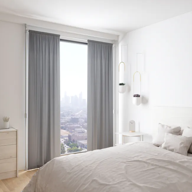 Anywhere Curtain Rod - White - 12 - Modern minimalist bedroom, large window with gray curtains, cityscape view, natural