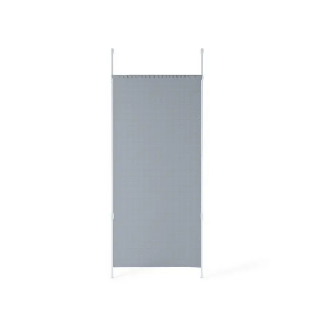 Anywhere Curtain Rod - White - 3 - Grey cordless shower curtain, minimalist design, white frame, vertical poles, fabric
