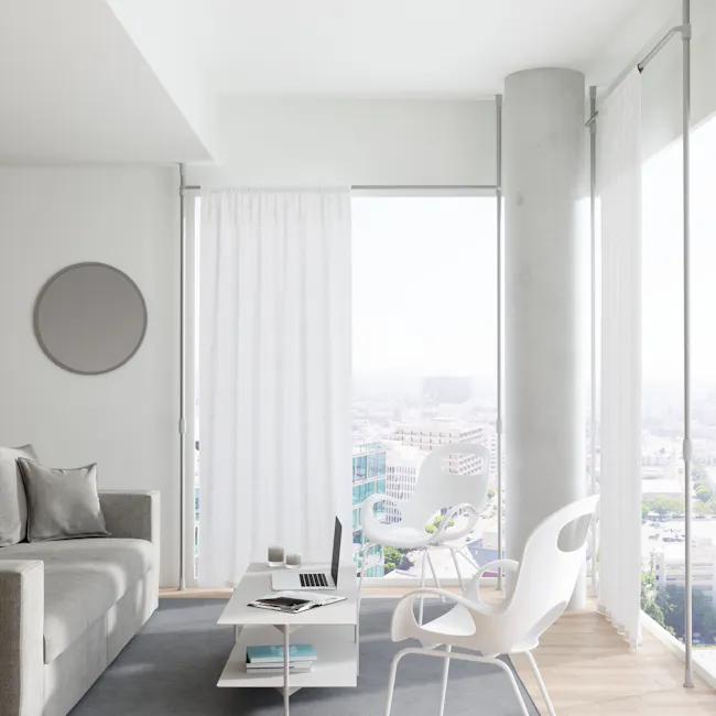Anywhere Curtain Rod - White - 10 - Modern minimalist living room, large window with cityscape view, white and gray