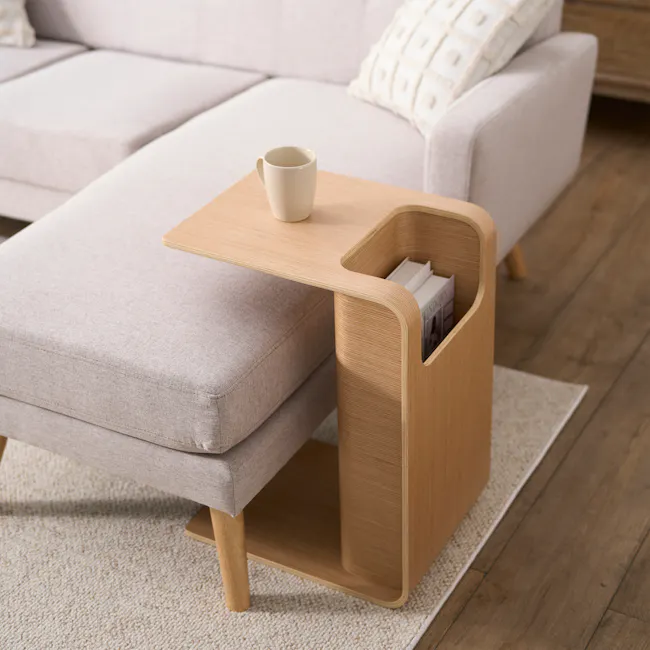 Jude Reversible Coffee / Side Table - Oak - 6 - Light-colored sofa, wooden coffee table, beige cushions, soft lighting