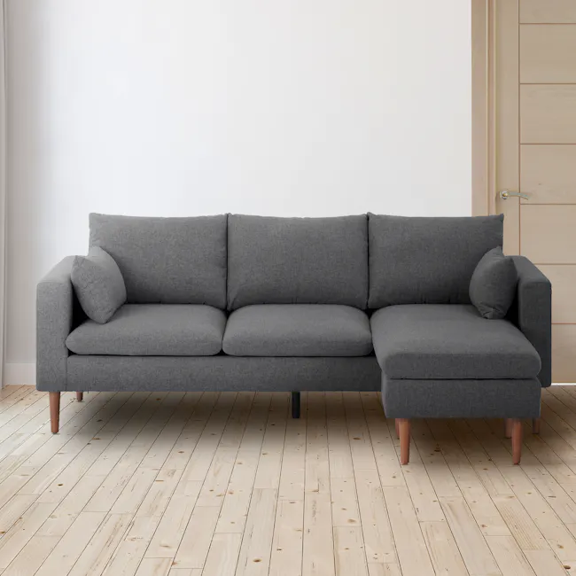 Alicia L-Shaped Sofa - Charcoal Grey - 4 - Grey upholstered sofa, light wooden floor, minimalist design, modern decor, cozy