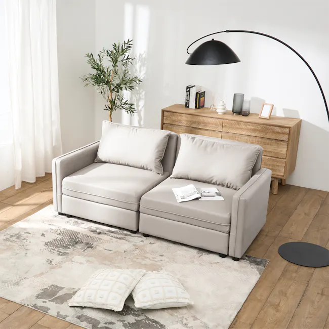 Cameron Corner Unit - Grey (Pet Friendly) - 7 - Light gray sofa, beige cushions, wooden floor, patterned rug, modern lamp
