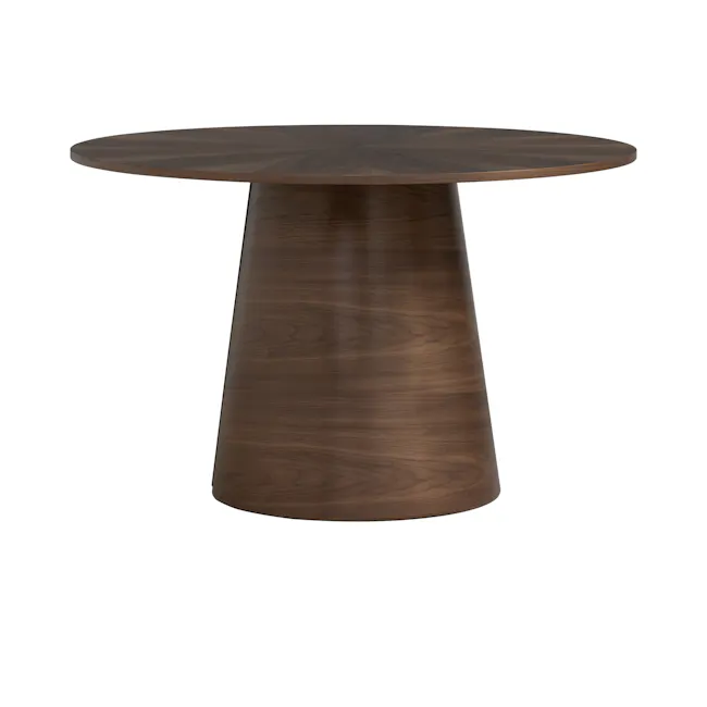 Orla Round Dining Table 1.2m - 4 - Dark wood table with smooth surface, elegant design, circular top and cylindrical base