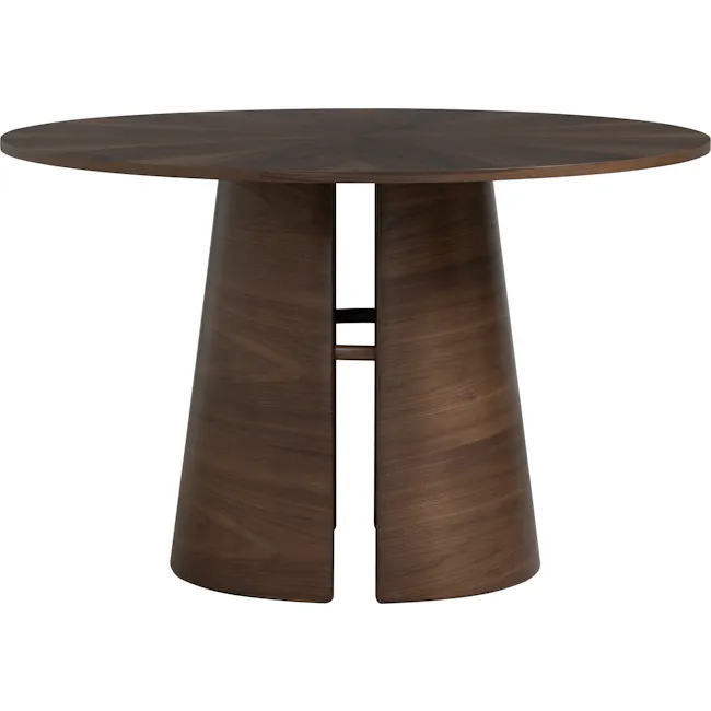 Orla Round Dining Table 1.2m - 5 - Wooden round table with sleek design, dark wood finish, elegant silhouette, minimalist