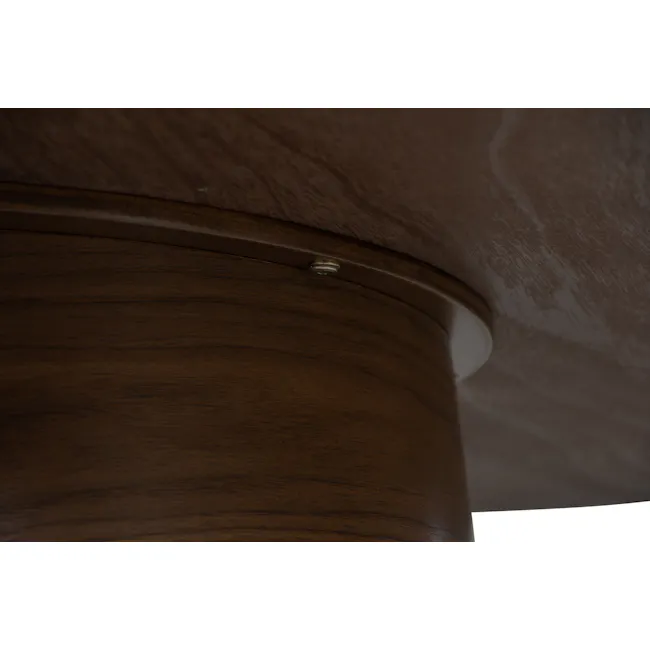 Orla Round Dining Table 1.2m - 10 - Wooden column, curved surface, dark wood grain, textured ceiling, circular design
