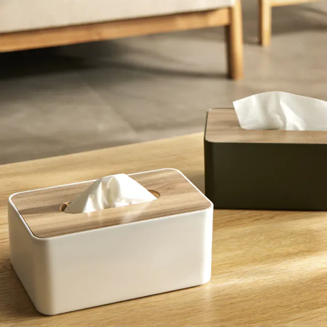 Wooden Tissue Box - Black - 2 - Wooden box with white tissue paper, minimalist design, modern aesthetic, clean lines