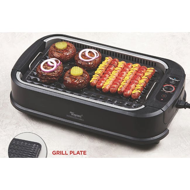 TOYOMI Electric Smokeless BBQ Model: BBQ 2002 - 2 - Grill plate, black toaster, beef burgers, onion rings, hot dogs