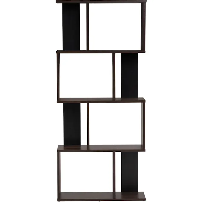 Aldea Bookshelf - Walnut - 4 - Dark wood shelf with clean lines, minimalist design, rectangular panels, black accents, open