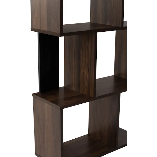 Aldea Bookshelf - Walnut - 7 - Wooden shelf with dark finish, minimalist design, three-tiered structure, dark wood grain