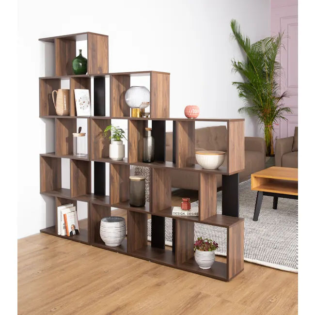 Aldea Bookshelf - Walnut - 2 - Wooden shelving unit, modern design, multi-level structure, brown wood finish, contemporary