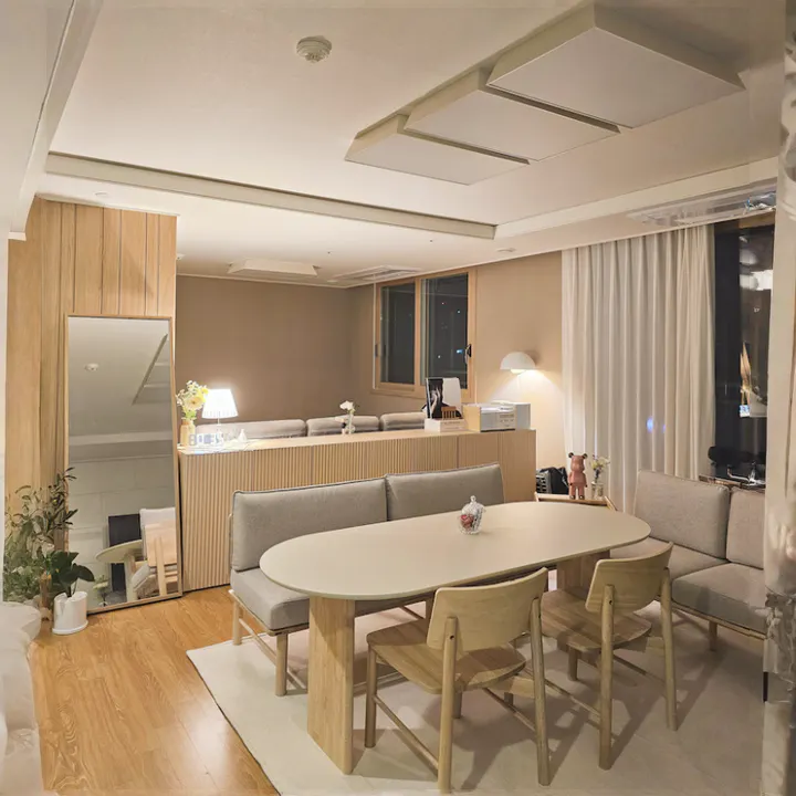 Heidi Tall Cabinet 1.2m - Oak - 11 - Modern minimalist living room with wooden accents, sleek furniture design, large dining