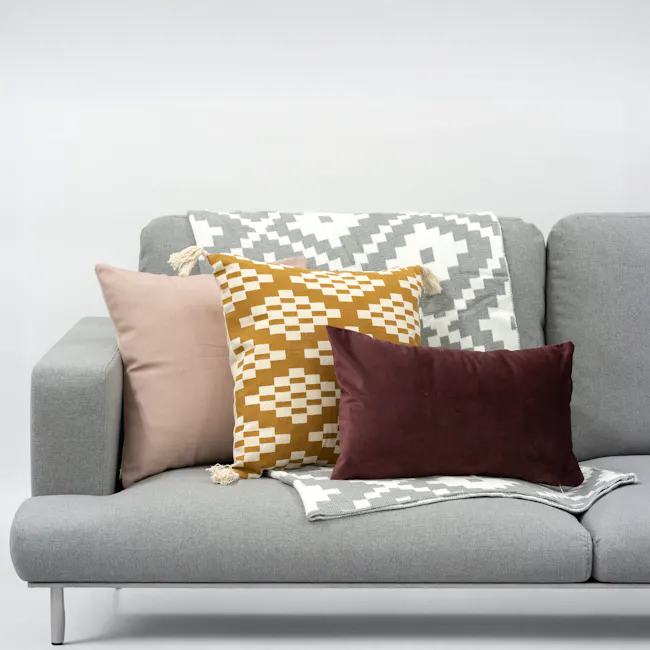 Alyssa Velvet Lumbar Cushion Cover - Burgundy - 2 - Patterned pillows, gray couch, geometric design, muted tones, soft