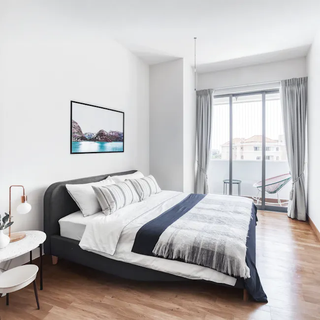 Nolan King Bed in Hailstorm with 2 Miah Bedside Table in White - 3 - Modern minimalist bedroom, large window with city view