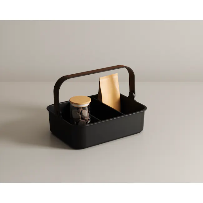 Bellwood Large Storage Organiser - Black, Walnut - 11 - black container, minimalist design, black tray, wooden handle, brown