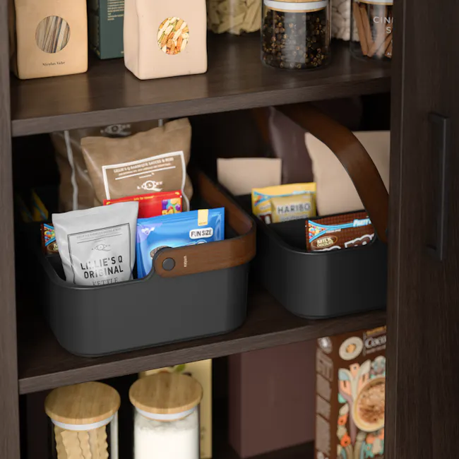 Bellwood Large Storage Organiser - Black, Walnut - 4 - Wooden shelf, brown wooden handle, coffee beans, coffee bags, Nescafe